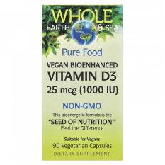 Natural Factors, Whole Earth & Sea, веганский биоулучшенный витамин D3, 25 мкг (1000 МЕ), 90 капс.